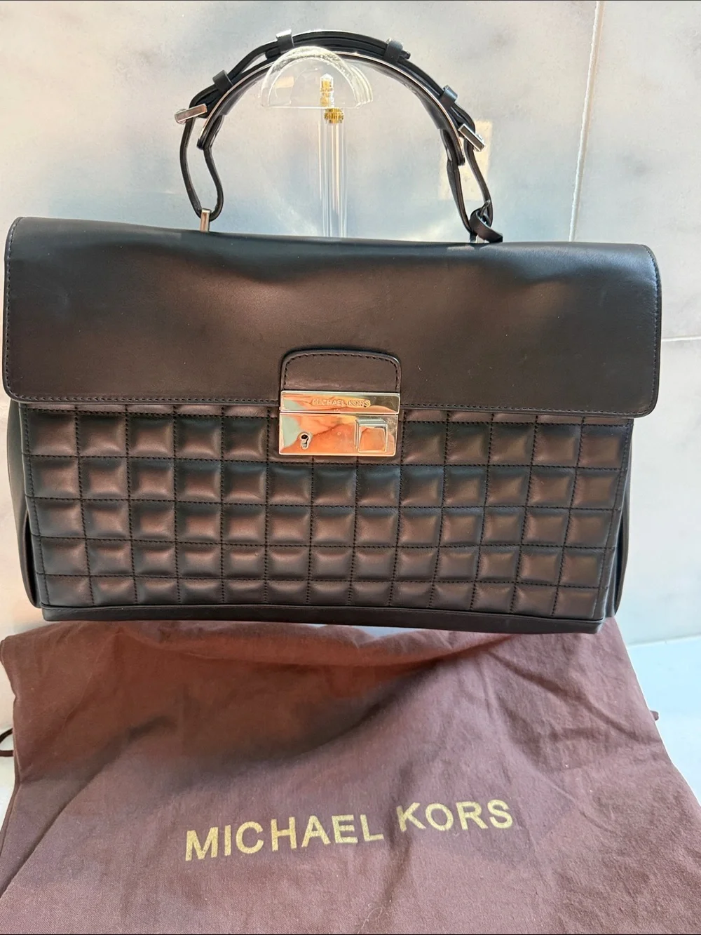 Michael Kors Collection CarringtonBlack Quilted Leather Satchel with Top Handle.